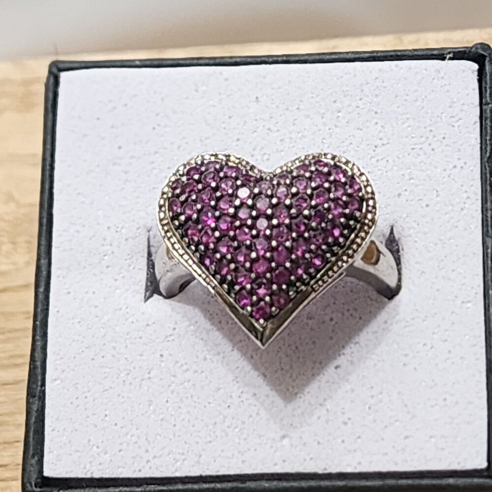 Sterling Silver Ross Simons Sz 6 Pink Heart Sapphire Lab Created BlkCluster Ring